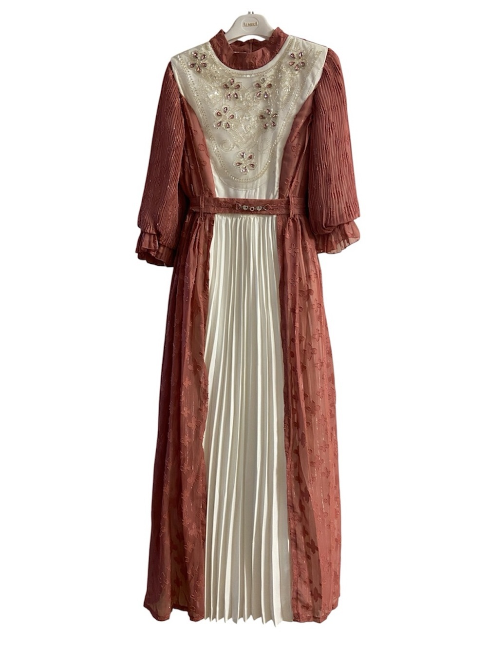 Almira Mock Neck Maxi Dress Embellished Pleated Panel Gown Size 14